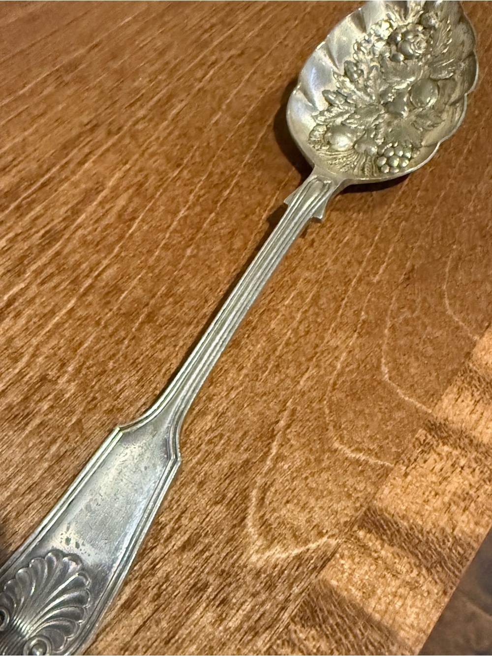 Victorian Silverplate Serving Spoon Ornate Fruit Floral Berry Pattern - Marked